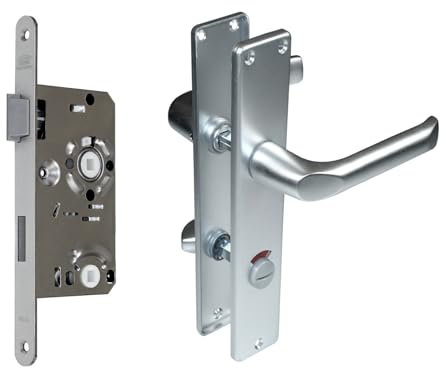 SN-TEC BKS Zimmertür/Wohnungstür/Badezimmer Komplett Set, inclusive Aluminium Schild Beschlag (WC Badezimmer rot/weiß, DIN LINKS, Langschild 215mm x 40mm)