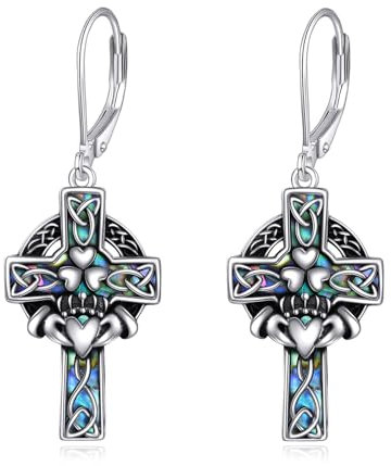 YFN Keltische Kreuz Ohrringe Sterling Silber Claddagh Ohrringe Abalone Schale Baumeln Tropfen Ohrhänger Schmuck Geschenke für Damen Herren
