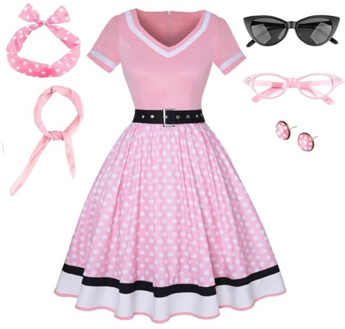 Maxtoonrain Donne 50 Abito Elegante per Adulti, UK, a Pois, con Accessori, Sciarpa, Cerchietti, Orecchini, Occhiali, per Cocktail Vintage, Festa, Matrimonio, Halloween, Rosa e bianco., L