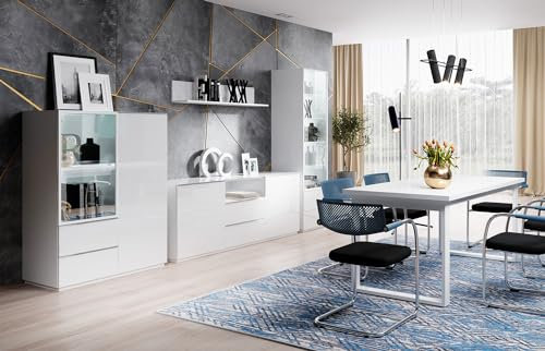 Feldmann Preiswert Wohnen Esszimmer-Set 'Helio' Wohnwand 5-teilig weiß Glas