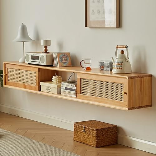 JIAOCKJIAO Banc TV Étroit, Meuble TV Mural, Console-multimédia, avec Portes Coulissantes, Table Television en Bois avec Rangement, Gain de Place, for Salon(Natural,Rattan 47''/120cm)