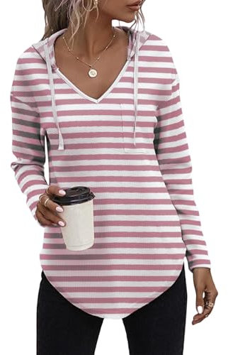 Cuptacc Hoodie Damen Sweatshirt Hooded Jacket Long Sleeve Sport Style Casual Fitness Basic Training Dickes Dunkelrosaweiß Streifen M