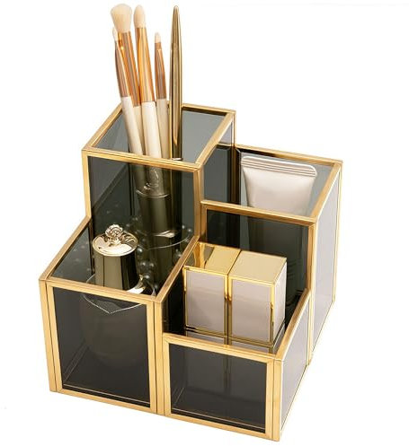 HARLIANGXY Soporte para Pinceles de Maquillaje, Organizador de Maquillaje con 4 Compartimentos, Caja de Almacenamiento de Cosméticos, Porta Brochas de Maquillaje para Tocador Dormitorio Baño