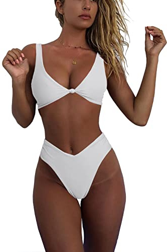 geluboao Bikini Sets for Women Cheeky High Waisted Kont Front Adjustable Two Piece Swimsuit, White Adjustable, XS