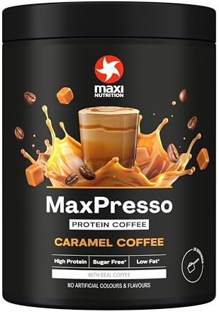 MaxiNutrition MaxPresso Caramel, Protein Coffee, Whey Protein Powder, 21 g Protein per Serving, Sugar-Free & Low-Fat, Mix Warm or Cold