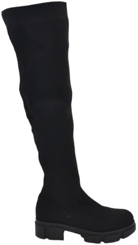Stivali Combat in Tessuto Elastico Effetto Calza Nero Zeppa carrarmato 3 cm Alti al Ginocchio Gambale Morbido Aderente (37 EU)