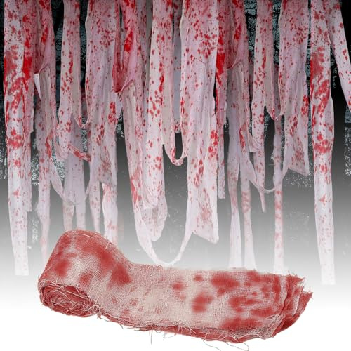 YUZHEDM Halloween Horror Deko, Blood Verband, Horror Deko Gaze Stoff, Rot-Weiß Absperrband, Geeignet für Halloween-Partys, Theateraufführungen, Filmdrehs und Cosplay-Events (8cm X 10 m)