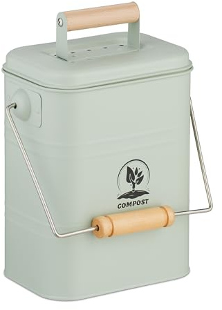 Relaxdays Komposteimer Küche, 3,5 Liter, 2 Aktivkohlefilter, Deckel, Henkel, Eisen & Holz, Biomüllbehälter, mintgün