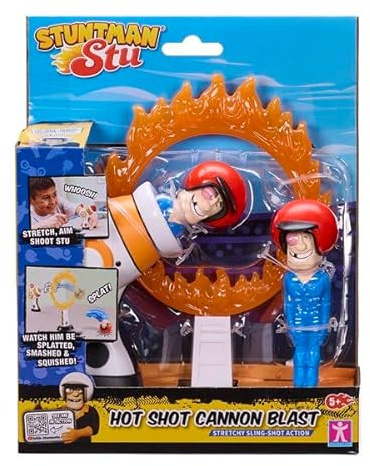 Stuntman Stu Hot Shot Cannon blast Sling shot toy with two rubber figures and ring of fire target Create fun stunts at home Toys