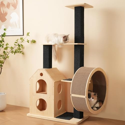 CareCooo Katzenbaum 152 cm aus Massivholz mit Laufrad, Kratzbaum mit Sisal, 4 Plattformen & 2 Katzenhäusern, Nachhaltig für Aktive Katzen, Naturholz, Natural