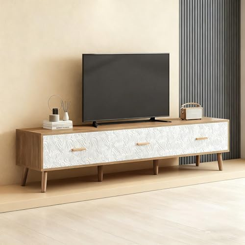 Vintage TV-Schrank 150x35x39 cm in hellem Holz - TV-Lowboard mit weißer Türverkleidung und Retro-Maserung - Funktionaler TV-Tisch