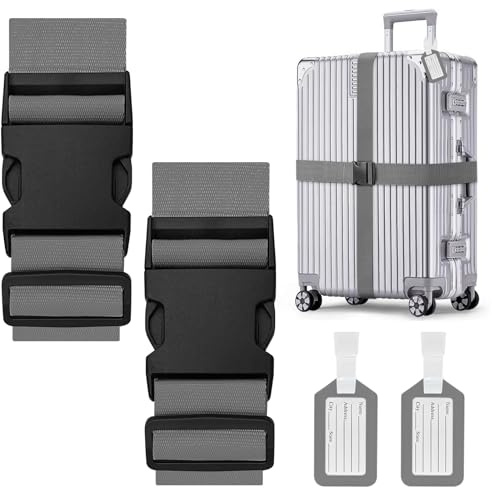 Koffergurte 2 Stück, Verstellbare Kofferband mit Kofferanhänger, Auffällig Kreuzgurt Kofferbänder für Koffer Markierung, Reisezubehör Gepäckgurt Luggage Strap zum Sicheren Verschließen (Grau)