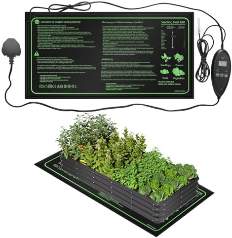 JOPWUE Tapis chauffant pour semis avec contrôleur de thermostat numérique, 25,4 x 50,8 cm, ensemble de tapis chauffants imperméables pour plantes, réglage de 6 températures, minuterie à 6 vitesses