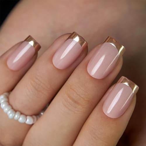 OuryTech Press On Nails Square, 24 Pieces Chrome Gold French Tip, Short Press On Nails, Metallic Gold Chrome French Manicure, Shiny False Nail Tips for Women