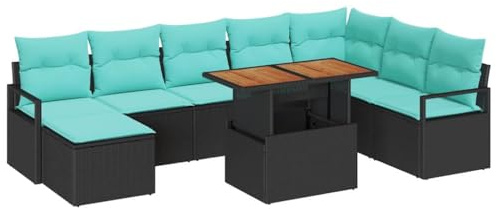 vidaXL Garten Essgruppe mit Kissen 9 pcs Schwarz und Teal, Garten- und Terrassenmöbel, modern, robust, wetterfest, gemütliche Sofas, leicht, vielseitig für draußen