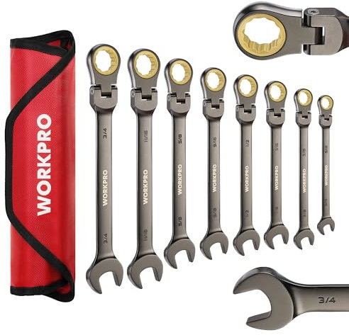 WORKPRO Juego de llaves combinadas de trinquete de cabeza flexible de 8 piezas, SAE 5/16-3/4 pulgadas, 72 dientes, construcción CR-V, chapado en níquel con bolsa organizadora