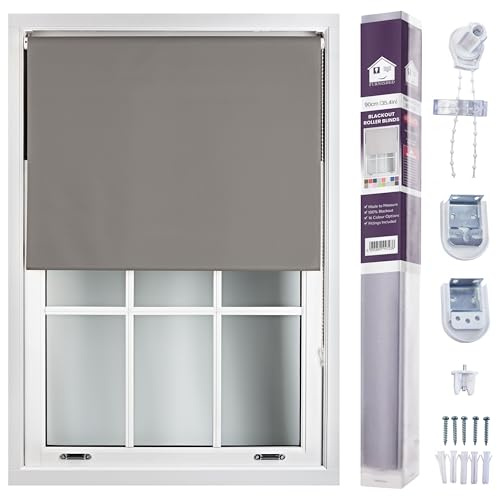 FURNISHED Roller Blinds Blackout Custom Size, Dark Grey, 90W x 165L cm | Made to measure 100% black out thermal fabric easy fit fittings custom blackout blind