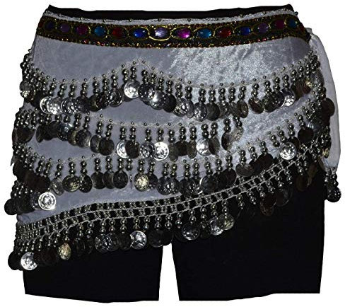 Tanzbekleidung & Accessories Bauchtanz Münzgürtel Samt Hüfttuch Belly Dance Bauchtanzgürtel Karneval Münzen (Weiß mit silbernen Münzen)