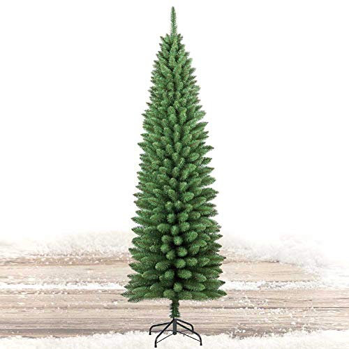 Albero di Natale Super Folto Pino Slim Salvaspazio Verde Base Croce in Ferro Pieghevole Folto Realistico Colore Verde Rami Uncino Facile Montaggio e Ignifugo (150cm)