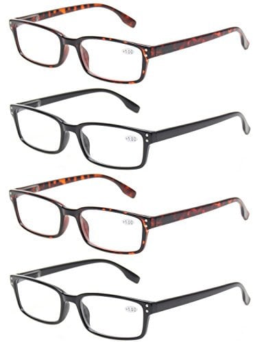 Kerecsen 4-Pack Rectangular Retro Style Men Reading Glasses Spring Hinges Comfortable Readers (+3.00, 2 Black 2 Tortoise)
