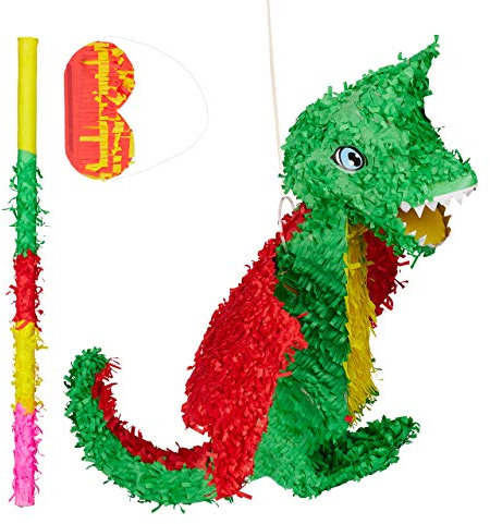 Relaxdays 3 TLG. Pinata Set Drache, Pinatastab mit Augenmaske, für Kinder, Stock & Augenbinde, zum selbst befüllen, Piñata, bunt
