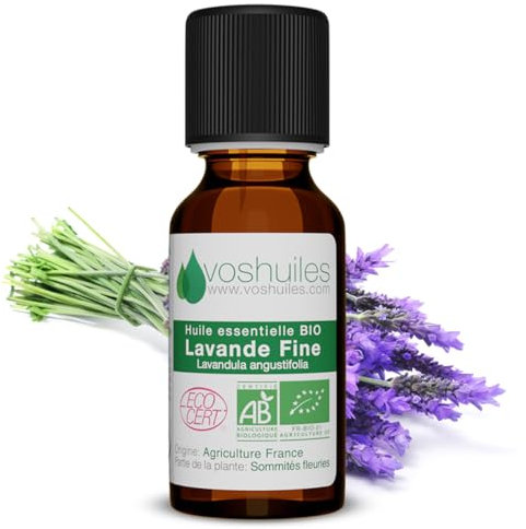Huile Essentielle BIO de Lavande fine - 100% Pure et Naturelle - HEBBD et ECOCERT - Huile Essentielle aux Nombreuses Vertus et Applications 5ml - VOSHUILES