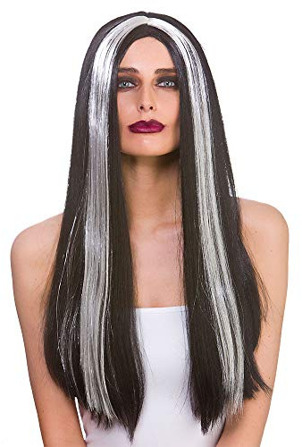 Wicked Costumes Ladies Long Black Wig with Silver Streak Halloween Fancy Dress Accessory