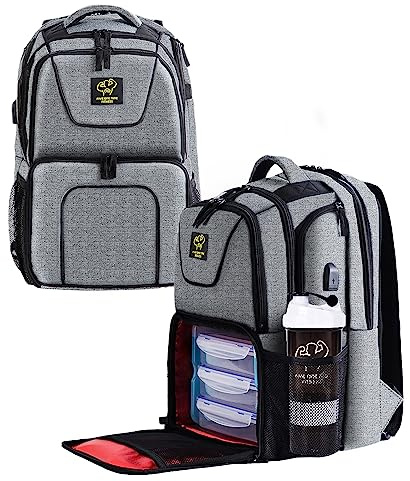 Upgraded 519 Fitness Meal Prep Rucksack, isoliert, wasserdicht, Kühler, Wanderrucksack für Herren und Damen, Picknick-Kühler Rucksack mit 3 Mahlzeit-Behältern und 2 Kühlakkus Large grau