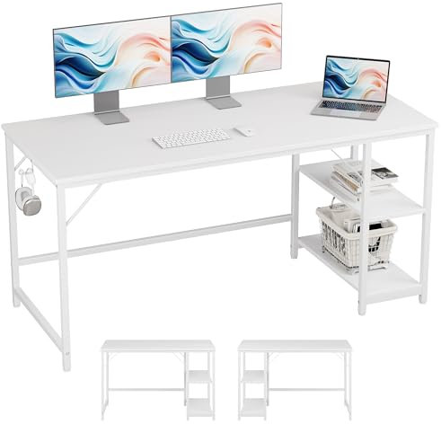 JOISCOPE Escritorio, Mesa para Ordenador, Mesa de Trabajo, Mesa Gaming con Gancho para Auriculares, 2 estantes, 152 x 60 cm, Mesa Blanca