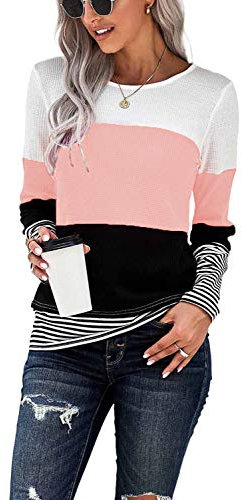 SMENG Womens Long Sleeve T Shirt Striped Jumpers Crewneck Waffle Designtops Spring Plus Size Tunic Breathable Soft Blouses Pink Size UK14-16