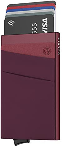VULKIT Porte Carte de Crédit Aluminium Rigide Pop Up Porte-Cartes avec Poche Billets de Banque RFID Blocage Stocker 5 Cartes et des Espèces, Vin