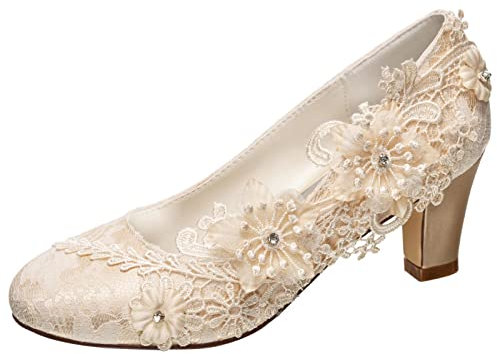 Emily Bridal Wedding Shoes Women's Silk Like Satin Chunky Heel Pumps with Stitching Lace Flower Crystal Pearl (EU39/UK6, Champagne)