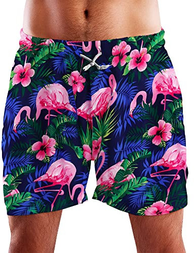 King Kameha Funky Hawaii Schwimm-Hose Bade-Hose Bade-Shorts, Flamingo Flowers, Navyblau Pink, XXL