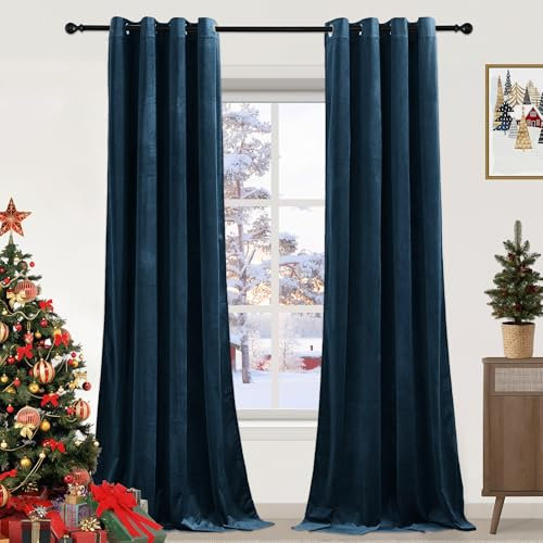 PONY DANCE Navy Blue Velvet Curtains - 52x84 Inches Thermal Blackout Curtains Eyelet Soundproof & Room Darkening Window Treatment for Living Room/Bedroom, Velvet Panels Set of 2