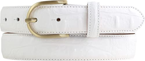 BELTINGER Damen-Gürtel mit Krokoprägung 3 cm | Leder-Gürtel für Damen 30mm Kroko-Optik | Kroko-Muster mit runder, goldener Gürtelschließe | Weiß 120cm