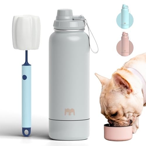 Miracle Pets Gourde Chien Promenade, Bouteille d'eau de Voyage Chiens, 1L Isotherme avec Gamelle Chien Portable - Parfait pour La Plage, Randonnée, Camping (Light Gray) Brosse de Nettoyage