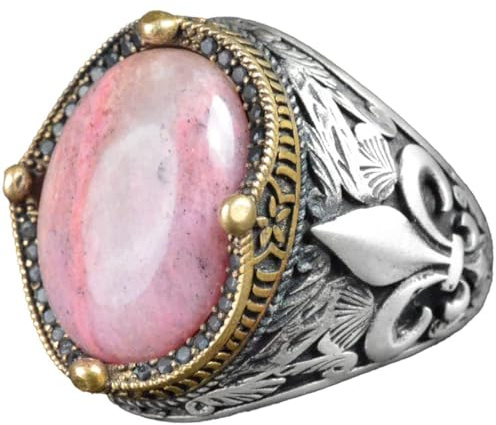 Echter natürlicher Rhodonit-Edelsteinring, handgefertigter Ring, Roségold-Ring, ovaler Schliff-Ring, für Herren, 925er-Sterlingsilber, Herren-Ring, Silber-Edelstein, Rhodonit, Edelstein, Gold, Rose