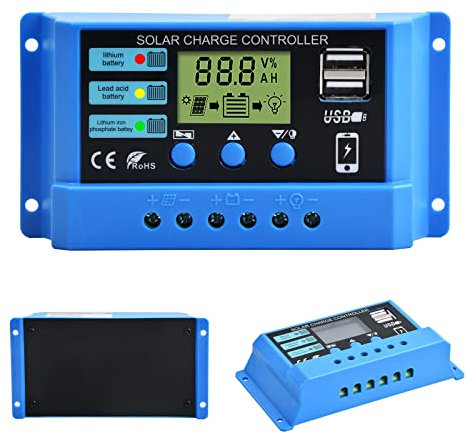 Jinlaili 30A 12V/24V Contrôleur de Charge Solaire,Régulateur Panneau Solaire de Batterie Intelligent avec Double Port USB LCD Affichage