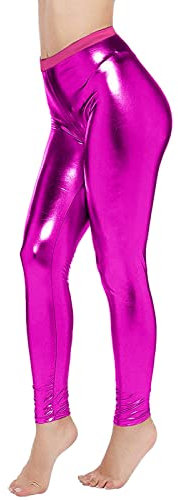 Damen Metallic Leggings glänzende Hose mit hoher Taille Shiny Leggings im Wet Look Metallischer Hosen Silber Leggins für für Party Tanz Disco Kostüm Karneval Cosplay Ballett Tanz (Hot Pink, XXL)