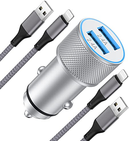 ARCCRA 2-Port iPhone Car Charger Adapter and 2x Lightning Cables, 12W (5V2.4A) Cigarette Lighter USB Charger with 1m Nylon Braided Cables, 12V/24V USB Socket, Compatible with iPhone, i-Pad, etc.