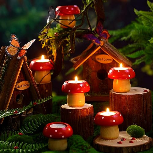 Dandat 12 Stück Pilz-Kerzenhalter und 12 Teelichter, Pilz-Kerzenhalter, niedliche Geburtstagsdekoration, Kerzenständer für Tischdekoration, Hochzeit, Muttertag