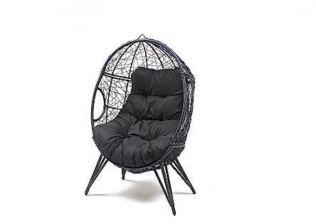 CONCEPT USINE | Fauteuil Oeuf sur Pieds Beige en Résine Noir Aspect Rotin | Design Jane | Structure en Acier | Coussin déperlant | Hamac Balançoire sur Pied terrasse Jardin Balcon | Résiste à l'eau