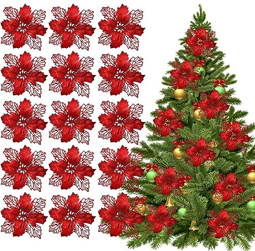 HONGECB Weihnachten Blumen Deko, Blumen Künstlich für Weihnachten, Glitzer Blumen Weihnachten, Weihnachtsblumen, Weihnachtsschmuck Blumen, für Weihnachtsbaum, Weihnachtsdekoration, 15 Stück, Rot