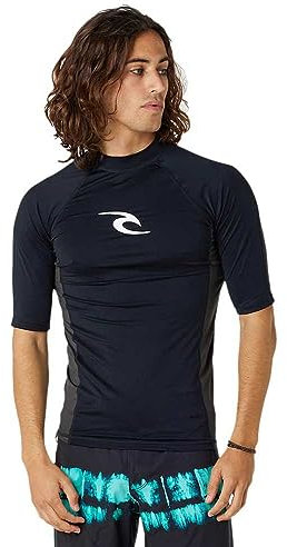 RIP CURL Mens Waves UPF Performance Short Sleeve Rash Vest Top - Black - UV Sun Protection and SPF Properties