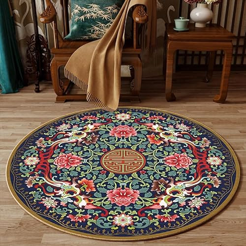 Highdi Tapis Rond Salon Style Chinois Moderne Tapis de Sol Décoration Antidérapant pour Salon Chambre Cuisine Balcon Terrasse Salle à Manger Intérieur & Extérieur (120cm,Vigne Fleur)
