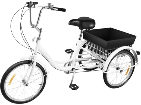 20/24 Zoll Dreirad für Erwachsene, 3-Rad-7/8-Gang-Seniorenfahrrad, 3-Rad-Fahrrad mit Einkaufskorb, Fahrrad mit Einkaufskorb, Cargo-Bike für Erwachsene, Senioren und Frauen. (Weiß, 20-Zoll 8-Gang)