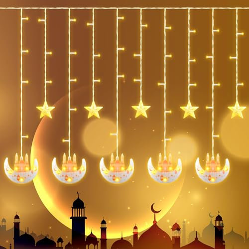 TOPJOWGA LED Muslim Ramadan Lichterkette, 3M 10LED Eid Lichterketten Vorhanglichter, 8 Modi LED Sterne Mond Lichterkette Vorhang Licht, Islam Festival Lichter Ramadan Dekoration