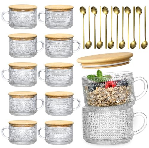 LANDNEOO 12pcs Set Irish Coffee Glasses, Vintage Coffee Mugs, Overnight Oats Containers with Bamboo Lids and Spoons - 14oz Clear Embossed Glass Cups, Cute Coffee Bar Accessories, Iced Coffee Glasses