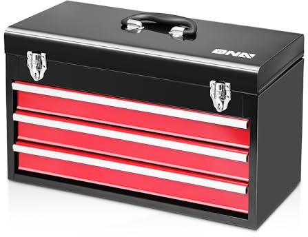 DNA MOTORING 20 Inch Steel Portable Tool Box - 3 Drawer+Top Storage Toolbox with Lockable Metal Latches for Household Workshop Repair Shop, Red/Black, TOOLS-00407
