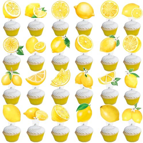 48pcs Lemon Dessert Cupcake Topper Summer Main Squeeze Party Theme Decor for Lemonade Engagament Party Baby Shower Birthday Party Cake Decorations Supplies